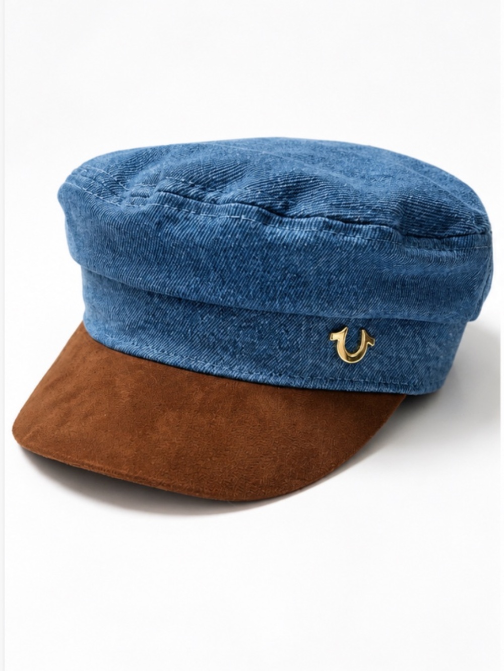 True Religion Denim Newsboy Baker Boy Cap Hat Brown Brim Horseshoe Logo NWT